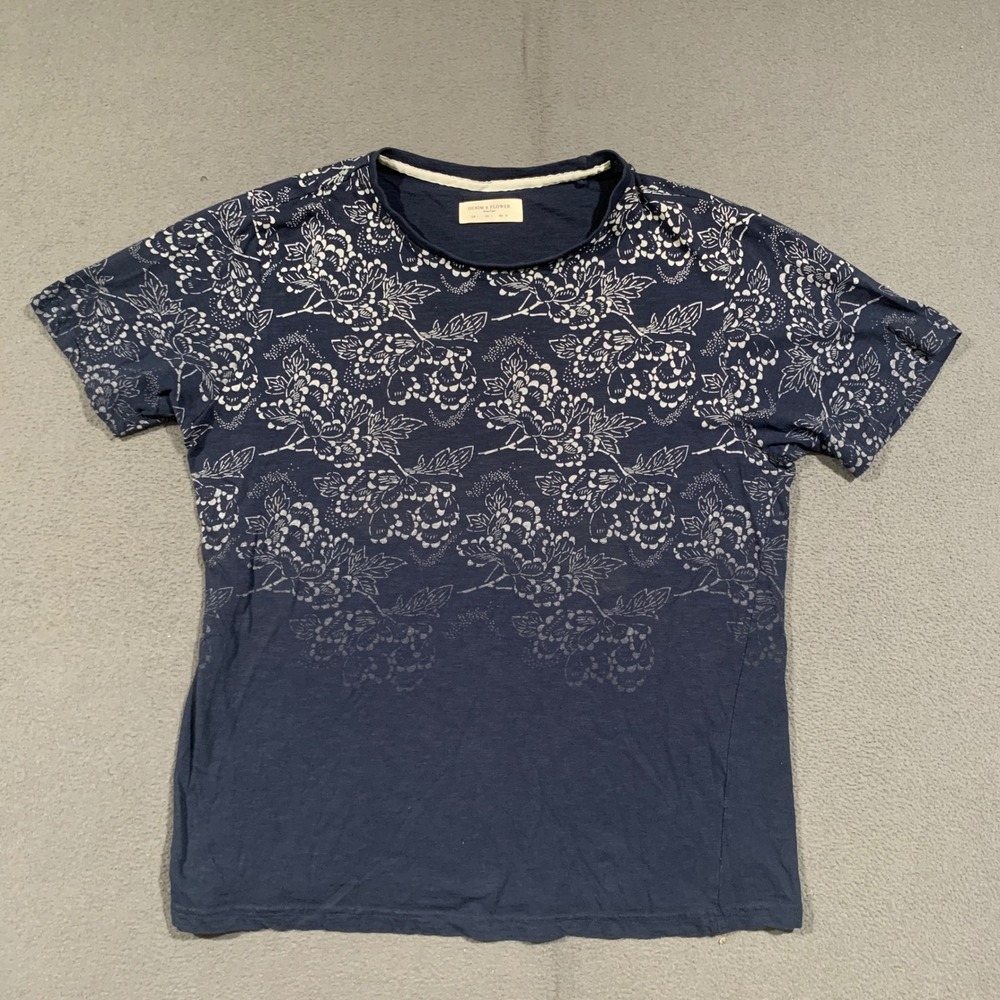 Denim & Flower T-Shirt Mens Large Navy Blue Floral Short Sleeve Casual Summer
